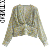 Women Fashion Spring With Metallic Thread Printed Blouses Vintage Long Sleeve Side Zipper Female Shirts Chic