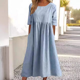 Fongt Cotton-Sleeved Short-Sleeved Pocket Folded Loose Round-Neck Dress In Summer