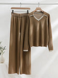 Knitted Sets Tracksuit Women V-Neck Long Sleeve Pullover High Waist Wide Leg Pants Casual 2 Piece Sets Womens Outfits-Outfit