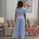 Fongt Summer Women's New Wide-Legged Jumpsuit Short-Sleeved Tie Belt Belt With Jumpsuit Woman