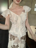 Fongt Xixi 2025 Summer New Elegant Temperament Flowers V Collared Leaf-Side Shirt Thin Top Lady 89387