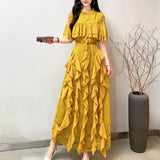 Fongt Women's Summer Design Sensing Splicing Round Collar Horn Sleeves To Close The Waist Thin Lace Lotus Side Dress