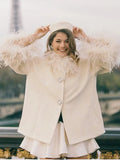 Feather Collar Cape Rhinestone Buttoned Coat-Outfit