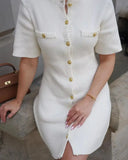 White Knit Short Sleeve Buttoned Mini Dress-Outfit