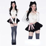 Spring Off Shoulder White Crop Top Women's Black Mini Pleated Skirt Cute Two 2 Piece Outfits for Shorts Set Women Shirts-Outfit