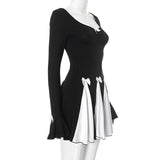 Black Long Sleeve Bow Splice Folds Mini Dress-Outfit