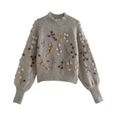 Women Beading Flowers Turtleneck Sweater Jumper Female Elegant Oversize Pullovers Chic Tops