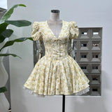 Gentle Photo Photo Small Beautiful Bow Garden Print V Collar Bubble Short Sleeves To Pick Up The Waist Fluffy Dress