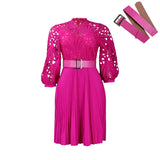 Fongt Women's 2025 New Temperament Pure Color Lace Hook Hollow Press Dress