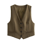 Fongt Women's Autumn New Dress V-Neck Short Vest High-Waist Broad Leg Trousers Commuting Suit
