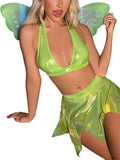 Women Fairy Costume Dresses Shiny Deep V-neck Tube Tops Mini Forest Princess Skirts Cosplay Clubwear with Wings Party-Outfit