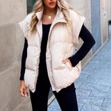 Fongt New Women's Solid Color Zipper Pocket Cotton Vest Fashion Collar Temperament Commuting Jacket
