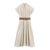 Fongt Homemade New Women's Dress With Belt Linen-Blend Mixed Muffled Dress 8372105