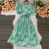 Fongt French Crumlom Dyed Summer New Waist Display Thin And Long Elegant Folded Chiffon Dress Holiday Woman