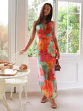 Fongt Summer New Women's Temperament Casual V-Neck Printing Tie Medium Long Dress D2425-Outfit