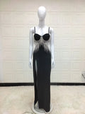 Black Cupped Cut-Out Rhinestone Tassel Maxi Dress-Outfit