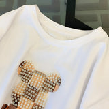 Women's Casual Suits Bear Print O-Neck Short Sleeve Diamond T-Shirt + Checkerboard Elastic Waist Trousers 2 Piece Pants Set