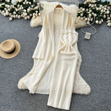 Fongt Simple Style Solid Knitted Light Sister Suit Girl Winter Body-Clamping T-Shirt Dress With Long Open Shirt Jacket