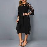 Fongt Women's Lace Splicing Seven-Sleeve Irregularly Sleeves Chiffon Dress Women