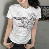 Fongt Graffiti Star Print Bottom Shirt T-Shirt Women's Round Collar Slim Short Sleeve Thread Knit Casual Top-Outfit