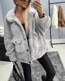 The Ins Hot Ladies Autumn Winter Loose Casual Bubffy Long Sleeve Large Lapel Double Pocket Plush Coat-Outfit