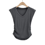 Trend Women's Vest Loose V-Collar Arc Hem Small Flying Sleeves Short Sleeves Solid Color Slim Pullover Pullover-Outfit