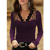 Elegant Lace Stitching V-neck Casual Slim