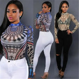 Women Bodysuits Ethnic Sexy Long Sleeve Shirt Jumpsuit Bodysuit Stretch Leotard Slim Print Bodycon Summer Bodysuit Tops-Outfit