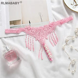 Embroidery Tassel Transparent G-String Temptation Pearl Massuge Women Underwear Thong Crotch Open Lingerie Briefs