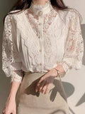 Petal Sleeve Lace Blouses Women Hollow Out Patchwork Stand Collar Shirts Ladies Top White Flower Blouse Female Blusas