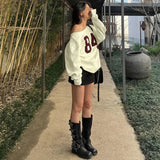Number Printed One Shoulder Loose Sweatshirt-Outfit