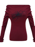 Spider Print Off Shoulder Slim Long Sleeve Tee-Outfit