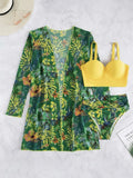 Fongt New Sexy Bikini Mesh Three-Piece Set Gathered Print Split Swimsuit