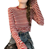 Fongt Color Striped Long-Sleeved T-Shirt Female Autumn 2024 New Casual Look Thin With A Bottom Shirt Short Student