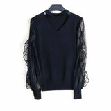 Fashion V-Neck Women's Mesh Long Sleeve T-shirt Spring Autumn All-match Female Clothing Ruffles Spliced Solid Color Tops-Outfit