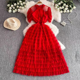 Fongt Niche Elegant Dress Women's High-End Lace Short Sleeves To Show Thin Multi-Layer Pongeist Long Dress