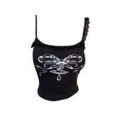 Summer Print Lace Strap Tank Top New Korean Chic Y2K Top Out Wear Slim Fit Spicy Girl Short Camisole Female Crop Tops-Outfit