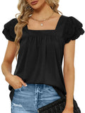 Double-layer Lace Short Sleeve Blouse Square Collar Elegant Women Shirt 2023 Sweet Women Clothing Solid Loose Tops
