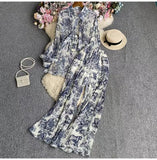 Fongt Suit Female Korean Version Of The Lantern Sleeves Loose Single-Chamed Dizzled Dyed Printed Shirt Three Sets Of High-Rise Broad-Legged Trousers