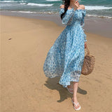 Floral Dress Women 2023 Summer Puffer Sleeve Beach One Piece Dress Korean Elegant Vintage Dress Female Chic Square Collar-Outfit