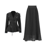 Fongt Temperament Famous 2025 Autumn New Fashion Elegant Retro Splicing Butterfly Wrinkle Skirt Dress Suit Woman