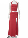 Halter Tube Top Slit Midi Skirt Set-Outfit