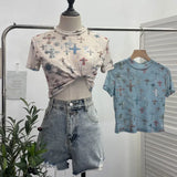 Real Shooting Retro Tie-Dye Double-Layer Mesh Half-High-Neck Short-Sleeved T-Shirt T-Shirt Short-Sleeved T-Shirted Woman