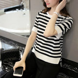 Fongt Summer New Women's Loose Korean Version Of Plus Size Jacket Black And White Stripe Front Short Back Long Short Sleeve T-Shirt Female