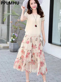 Boho Floral Chiffon Skirts 2 Piece Sets Women Oversized 5xl Suits Short Sleeve Blouse Printted Mid Skirt Beach