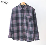 Retro Flannel Brushed Thick Plaid Shirts Women Fall 2022 Korean Fashion Baggy Blouse Female Causal Long Sleeve Tops