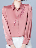 Vintage Women's Shirt Blouses for Women Solid Embroidered Long Sleeve Top Woman Polo Neck Clothing Female Button Up Basic
