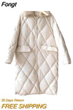 Collar Oversize Rhombus Pattern Long Parkas Pocket Female Warm Long Cotton Overcoat Single