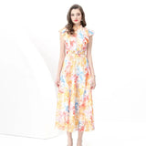 Fongt Court Style Print Flying Sleeve Dress Women's Summer Net Yarn Hollow Hook Design Light Luxury Temperament Dress