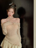 Shoulder Sweet Sweaters Women Spring Female Korean Fashion Sweater Clothes Long Sleeve Knitwear Pullover Short Tops